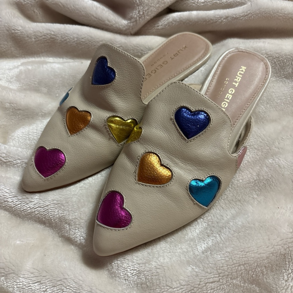 Kurt Geiger Cream Mules with Colorful Heart Details